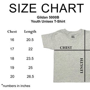 May include: Size chart for Gildan 5000B Youth Unisex T-shirts. Measurements are in inches. Sizes range from XS to XL, with chest measurements from 16 to 20 inches and lengths from 20.5 to 26.5 inches. A gray t-shirt is shown.