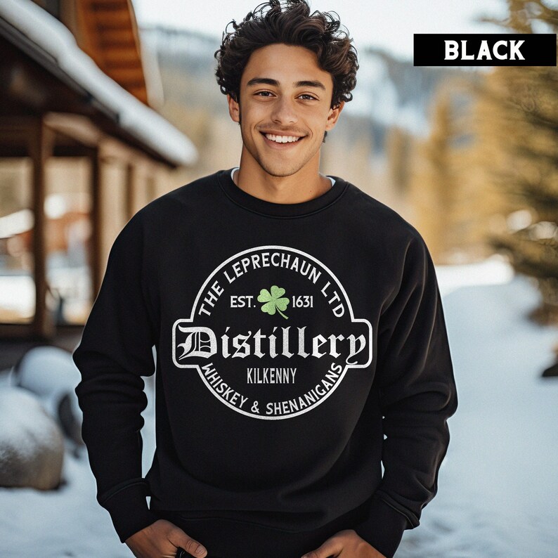 St Patrick's Day Sweatshirt or Hoodie, Irish Leprechaun Distillery Unisex Sweater Gifts for Him or Her Black