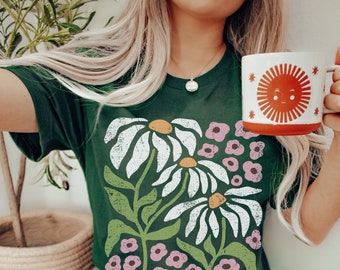 Boho Daisy Flower Shirt, Botanical Wildflower Shirt, Retro Modern Art Nouveau Floral Tee, Gardening Plant Lover Gift for Her