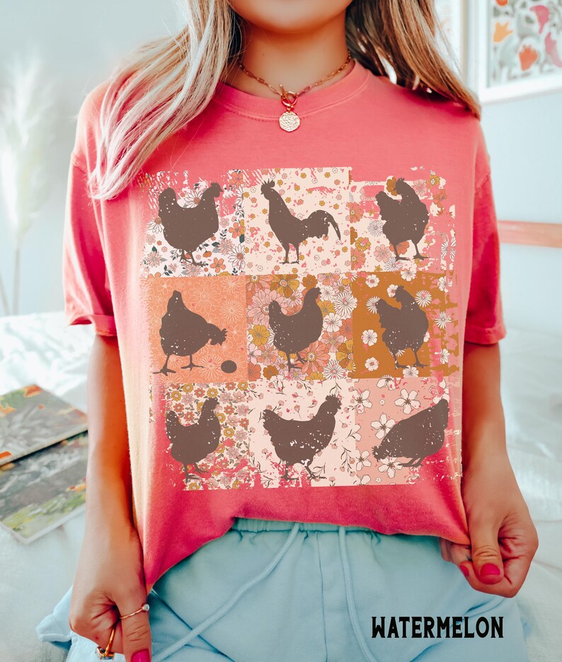 Boho Chickens Shirt, Comfort Colors®, Retro Farmhouse Floral Backyard Chicken Tee, Cottagecore Aesthetic Clothing, Chicken Gift for Her Watermelon