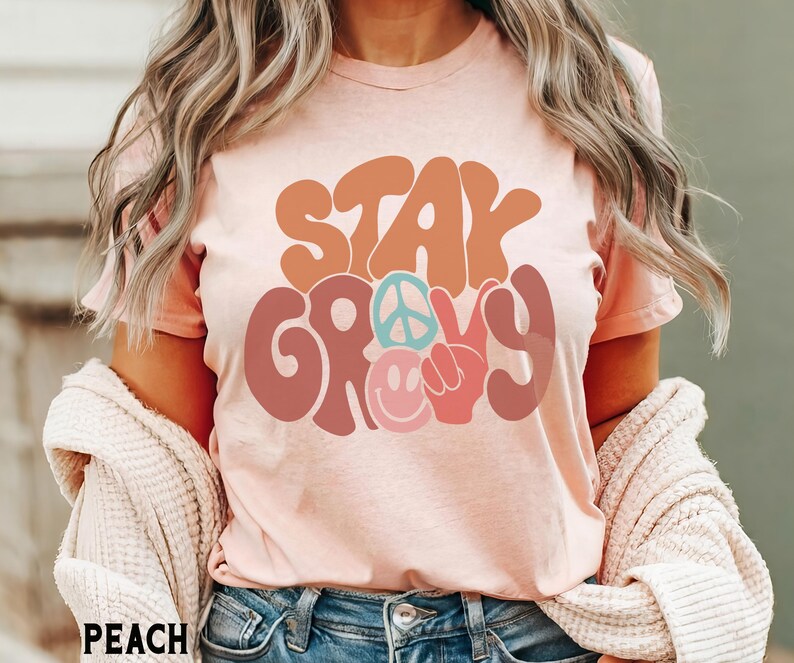 Stay Groovy Shirt, Peace Sign Graphic Tee, Boho Positive Vibes TShirt, Cute Hippie top Peach
