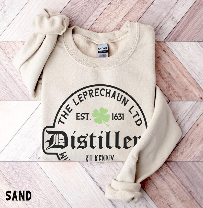 St Patrick's Day Sweatshirt or Hoodie, Irish Leprechaun Distillery Unisex Sweater Gifts for Him or Her Sand