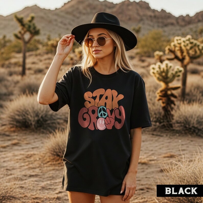 Stay Groovy Shirt, Peace Sign Graphic Tee, Boho Positive Vibes TShirt, Cute Hippie top Black