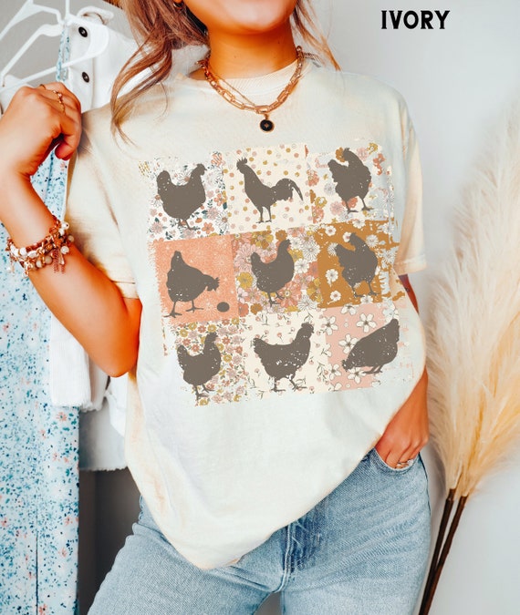 Boho Chickens Shirt, Comfort Colors®, Retro Farmhouse Floral Backyard Chicken Tee, Cottagecore Aesthetic Clothing, Chicken Gift for Her