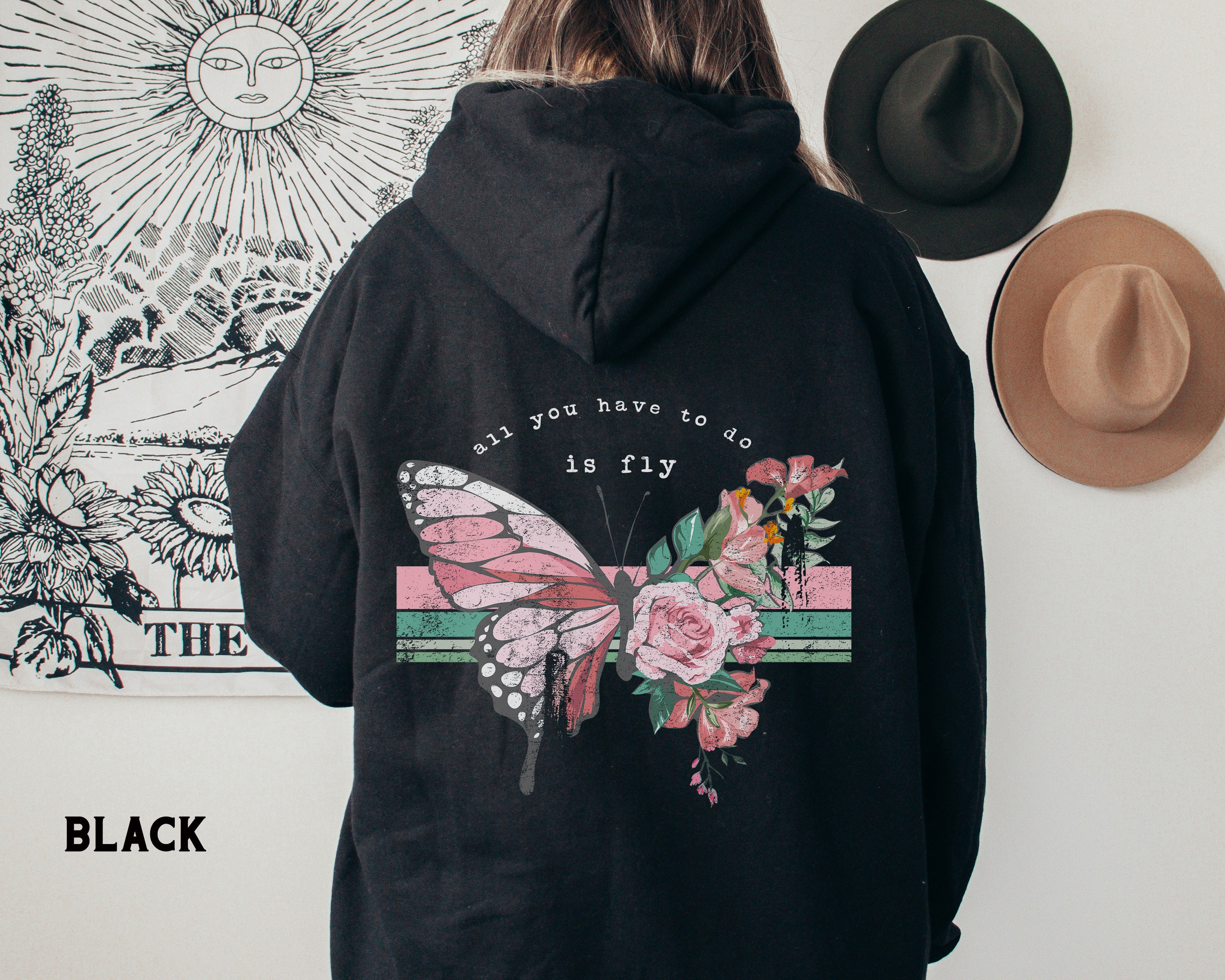 TheGraphicPeach Butterfly Hoodie Vintage Flower Back Print Hoodie Positive Vibes Hoodie Inspirational Hoodie Butterfly Lover Gift