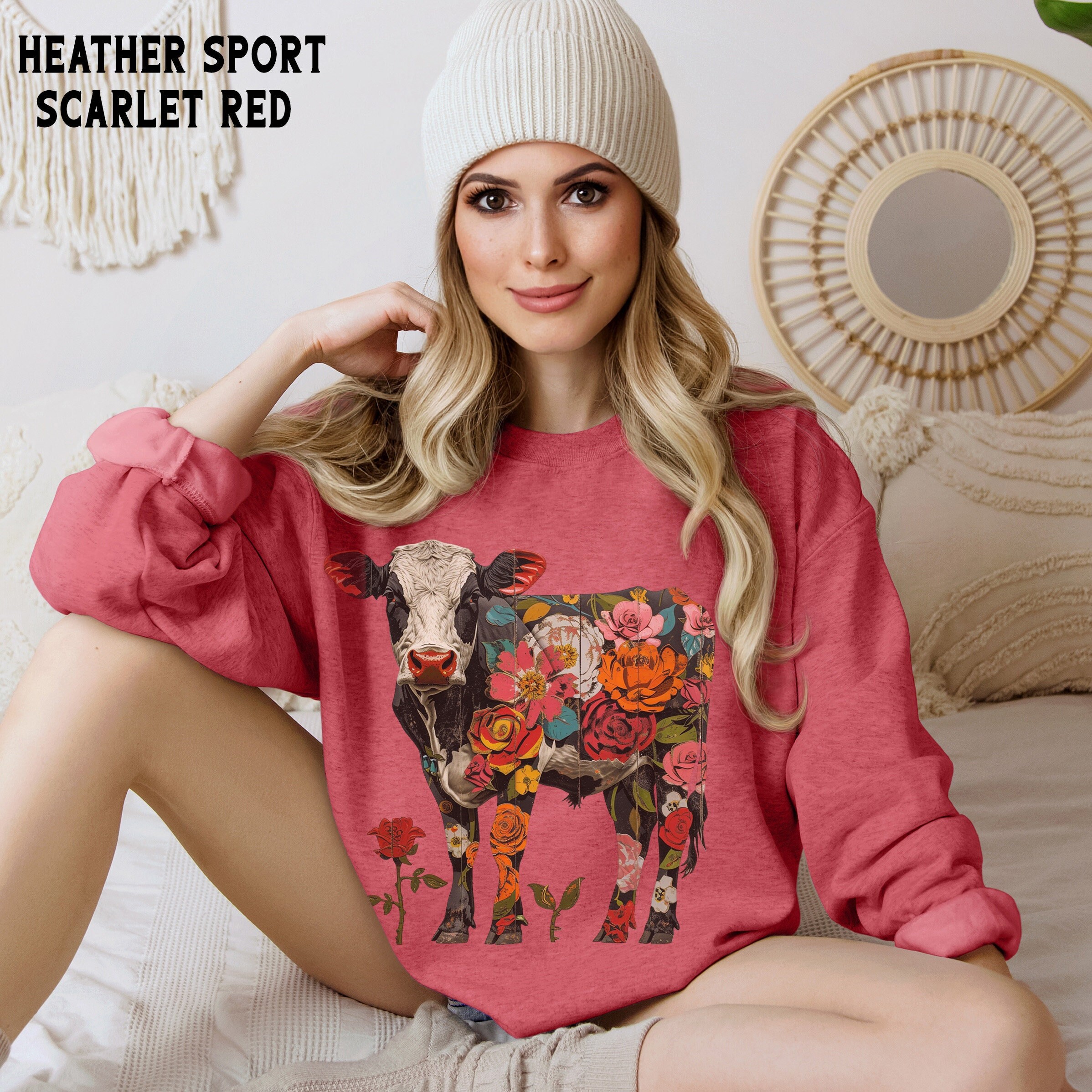 Boho Floral Cow Sweatshirt, Retro Cow Hoodie, Roses Farmhouse Cottagecore Farm Life Crewneck Sweater, Cow Lover Gifts for Her