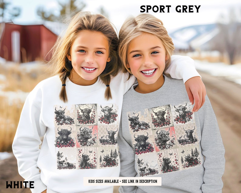 May include: Two girls wearing sweatshirts with a patchwork design featuring a repeated pattern of black and white Highland cows. The sweatshirt on the left is white and the sweatshirt on the right is gray. The text "SPORT GREY" is at the top of the image and the text "WHITE" is at the bottom left of the image. The text "KIDS SIZES AVAILABLE - SEE LINK IN DESCRIPTION" is at the bottom of the image.