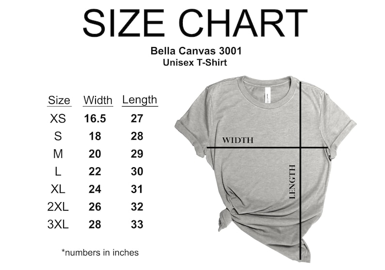 May include: Size chart for a Bella Canvas 3001 unisex t-shirt. The chart shows the width and length in inches for sizes XS to 3XL.