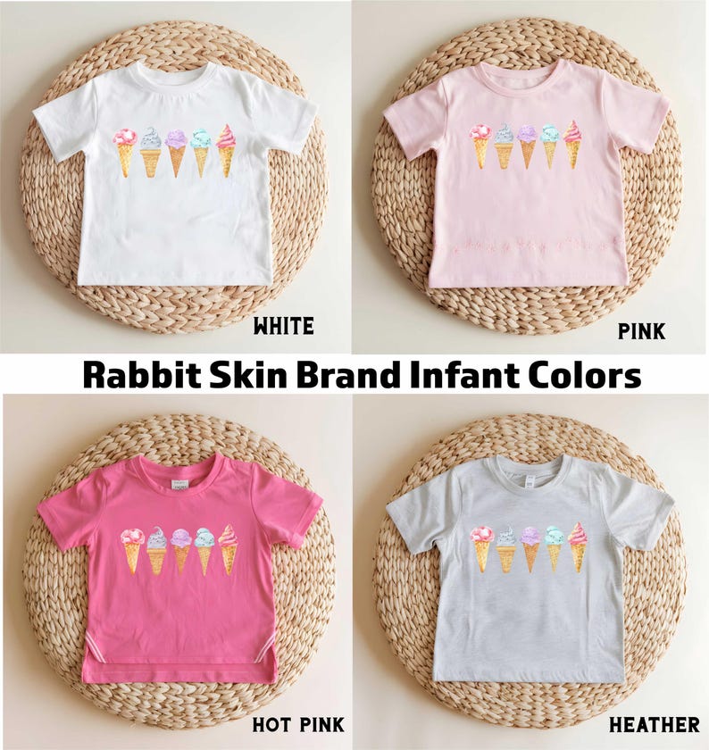 May include: Four infant t-shirts with a graphic of ice cream cones. The shirts are in white, pink, hot pink, and heather grey.