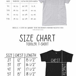 May include: Size chart for youth and toddler t-shirts. The chart shows the size, width, length, and chest measurements in inches. The chart also includes a picture of a gray youth t-shirt and a black toddler t-shirt.