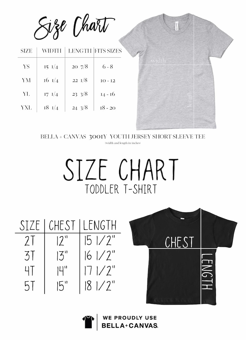 May include: Size chart for youth and toddler t-shirts. The chart shows the size, width, length, and chest measurements in inches. The chart also includes a picture of a gray youth t-shirt and a black toddler t-shirt.