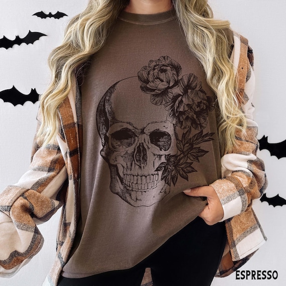 Floral Skull Shirt, Comfort Colors® Halloween Skeleton Tee, Oversized, Boho Flower Fall Shirts for Women, Gift For Her