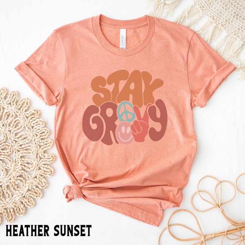 Stay Groovy Shirt, Peace Sign Graphic Tee, Boho Positive Vibes TShirt, Cute Hippie top Heather Sunset
