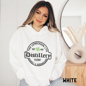St Patrick's Day Sweatshirt or Hoodie, Irish Leprechaun Distillery Unisex Sweater Gifts for Him or Her White