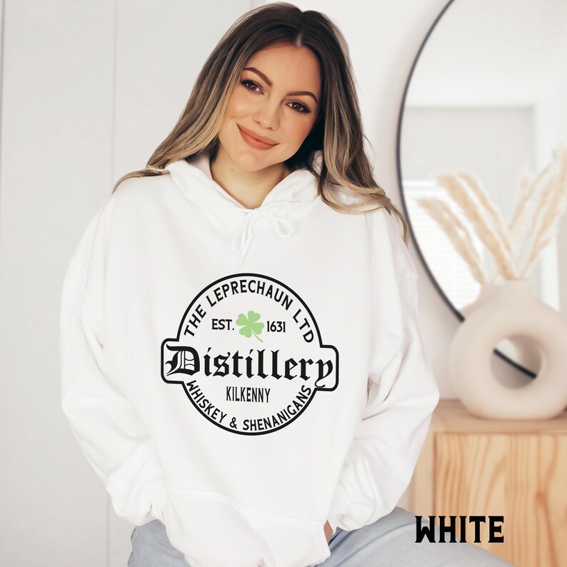 St Patrick's Day Sweatshirt or Hoodie, Irish Leprechaun Distillery Unisex Sweater Gifts for Him or Her White