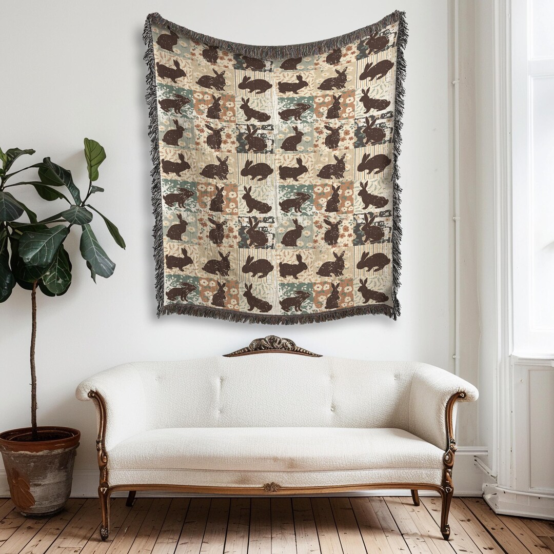 Neutral Rabbit Stuff For Rabbits Bunny Rabbits Neutral Woven Blanket, Cottagecore Farmhouse Decor ...