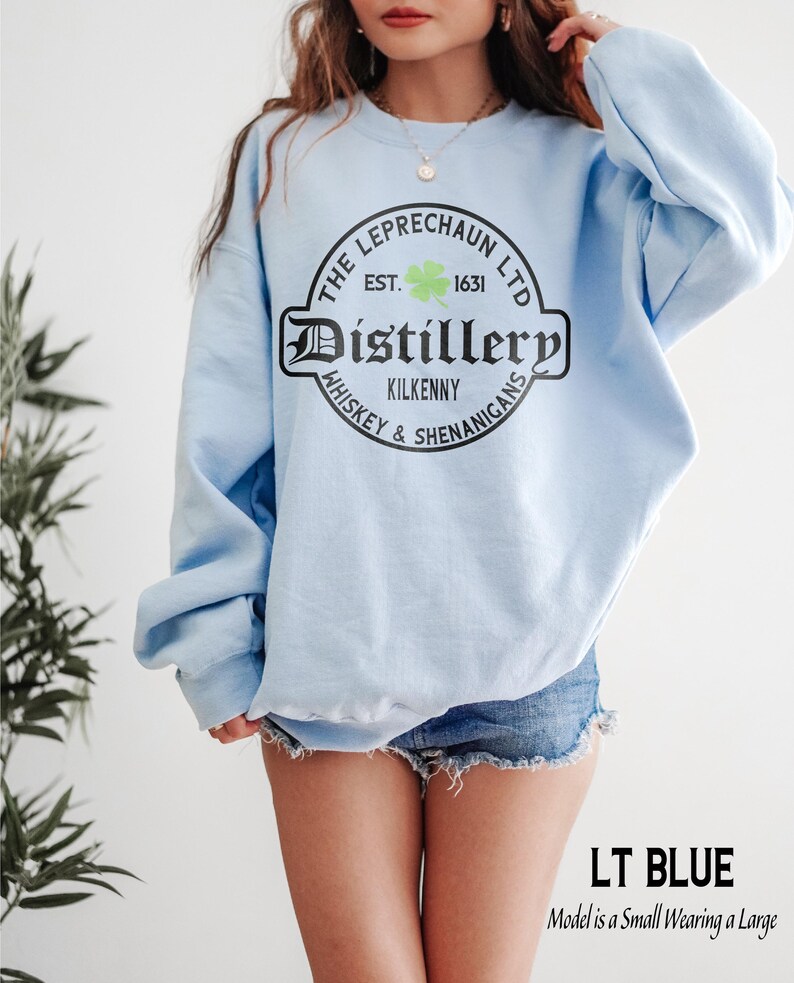 St Patrick's Day Sweatshirt or Hoodie, Irish Leprechaun Distillery Unisex Sweater Gifts for Him or Her Light Blue