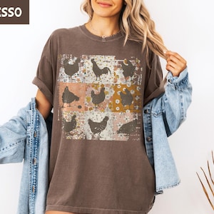 Boho Chickens Shirt, Comfort Colors®, Retro Farmhouse Floral Backyard Chicken Tee, Cottagecore Aesthetic Clothing, Chicken Gift for Her Espresso