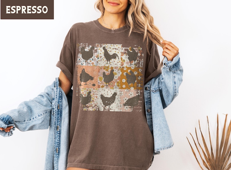 Boho Chickens Shirt, Comfort Colors®, Retro Farmhouse Floral Backyard Chicken Tee, Cottagecore Aesthetic Clothing, Chicken Gift for Her Espresso