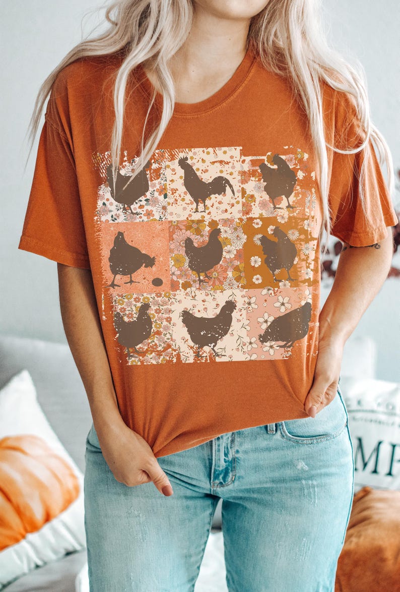 Boho Chickens Shirt, Comfort Colors®, Retro Farmhouse Floral Backyard Chicken Tee, Cottagecore Aesthetic Clothing, Chicken Gift for Her Yam
