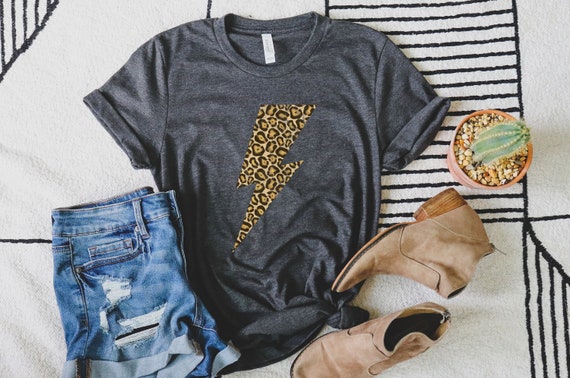 Cheetah Bolt Graphic Tee | David Bowie Inspired Lightning Bolt Shirt | Distressed Leopard Bolt Graphic T Shirt | Animal Print Shirt