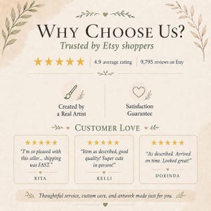 Może przedstawiać: Grafika informacyjna na beżowym tle z tekstem Why Choose Us? Trusted by Etsy shoppers, pięciogwiazdkową oceną ze średnią 4,9, 9795 recenzjami, ikonami artysty i gwarancji satysfakcji oraz trzema opiniami klient&oacute;w w ramkach.