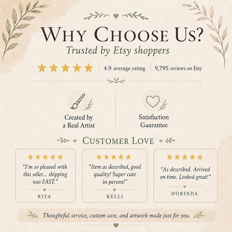 Może przedstawiać: Grafika informacyjna na beżowym tle z tekstem Why Choose Us? Trusted by Etsy shoppers, pięciogwiazdkową oceną ze średnią 4,9, 9795 recenzjami, ikonami artysty i gwarancji satysfakcji oraz trzema opiniami klient&oacute;w w ramkach.