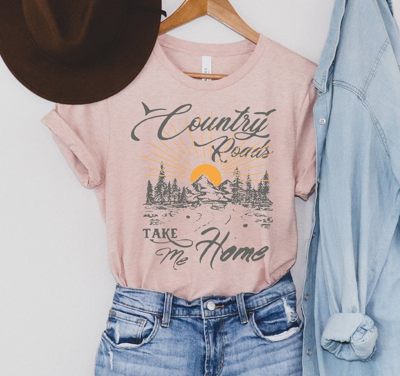 Country Roads Shirt, Women's Mountain Graphic Tee, Camping Hiking T Shirt, Travel Shirt, Nature T Shirt, Gift for Her Heather Prism Peach