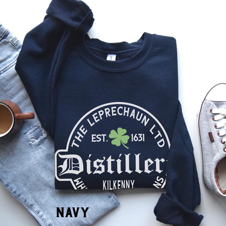 St Patrick's Day Sweatshirt or Hoodie, Irish Leprechaun Distillery Unisex Sweater Gifts for Him or Her Navy