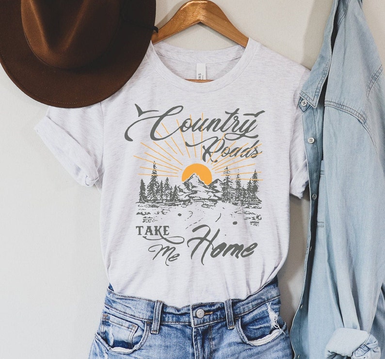 Country Roads Shirt, Women's Mountain Graphic Tee, Camping Hiking T Shirt, Travel Shirt, Nature T Shirt, Gift for Her Ash