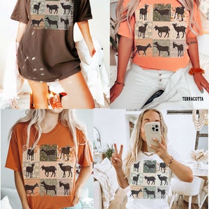May include: A collage of goats in a patchwork design on a t-shirt. The t-shirt is available in three colors: espresso, terracotta, and white.