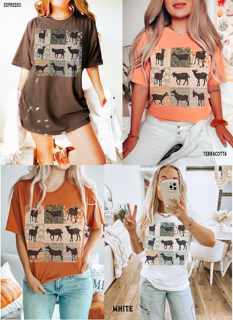 May include: A collage of goats in a patchwork design on a t-shirt. The t-shirt is available in three colors: espresso, terracotta, and white.
