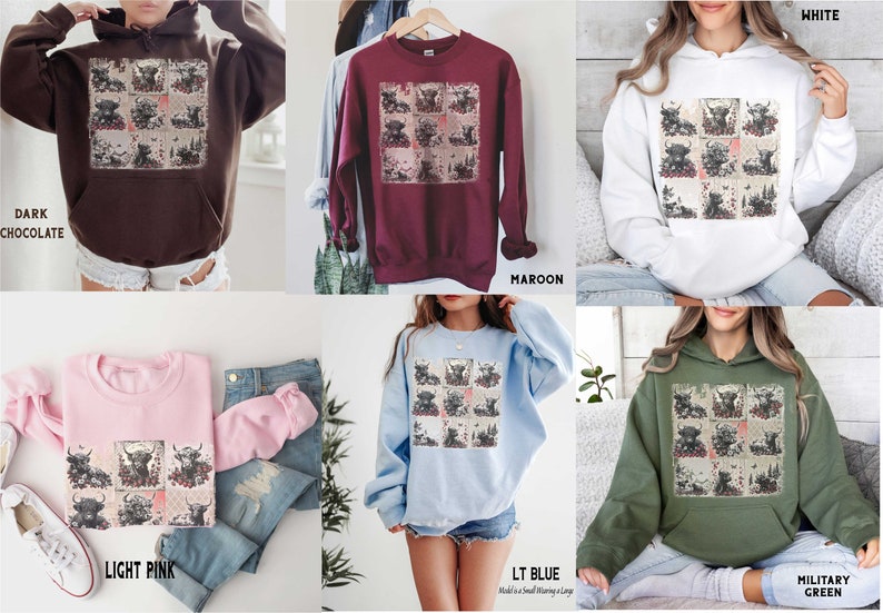 May include: A collage of nine images of Highland cows printed on a variety of sweatshirts. The sweatshirts are available in dark chocolate, maroon, white, light pink, light blue, and military green.