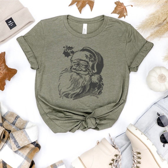 Vintage Santa Tee, Womens Graphic T Shirts, Black Ink Santa Shirt, Merry Christmas Shirt, Classic Christmas Tee