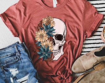 Bloom Skull Shirt, Halloween Shirt, Floral Skull Boho Graphic Tee, Womens Fall Shirt, Flower Skull Skeleton TShirt, Skeleton Blooms