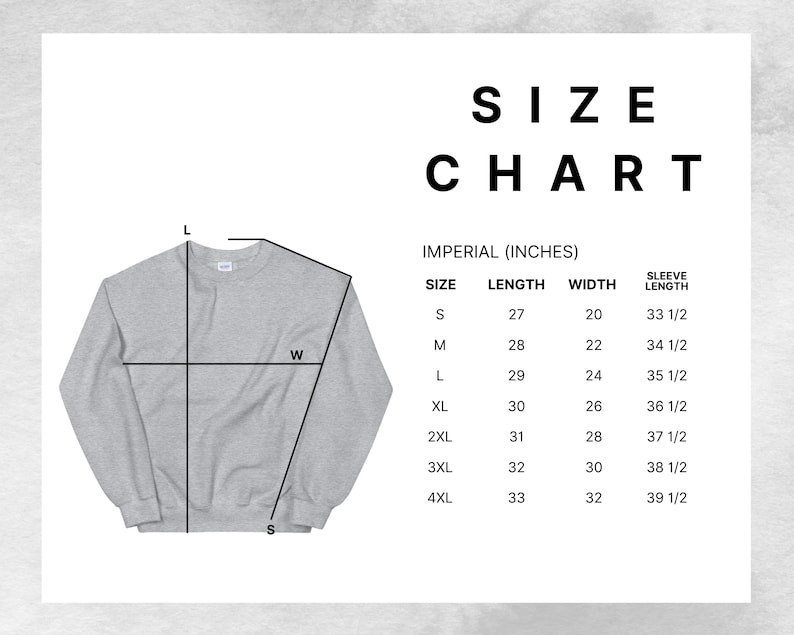 K&ouml;nnte beinhalten: Gr&ouml;&szlig;entabelle f&uuml;r einen Pullover in Zoll. Die Tabelle zeigt die L&auml;nge, Breite und &Auml;rmell&auml;nge f&uuml;r die Gr&ouml;&szlig;en S, M, L, XL, 2XL, 3XL und 4XL.