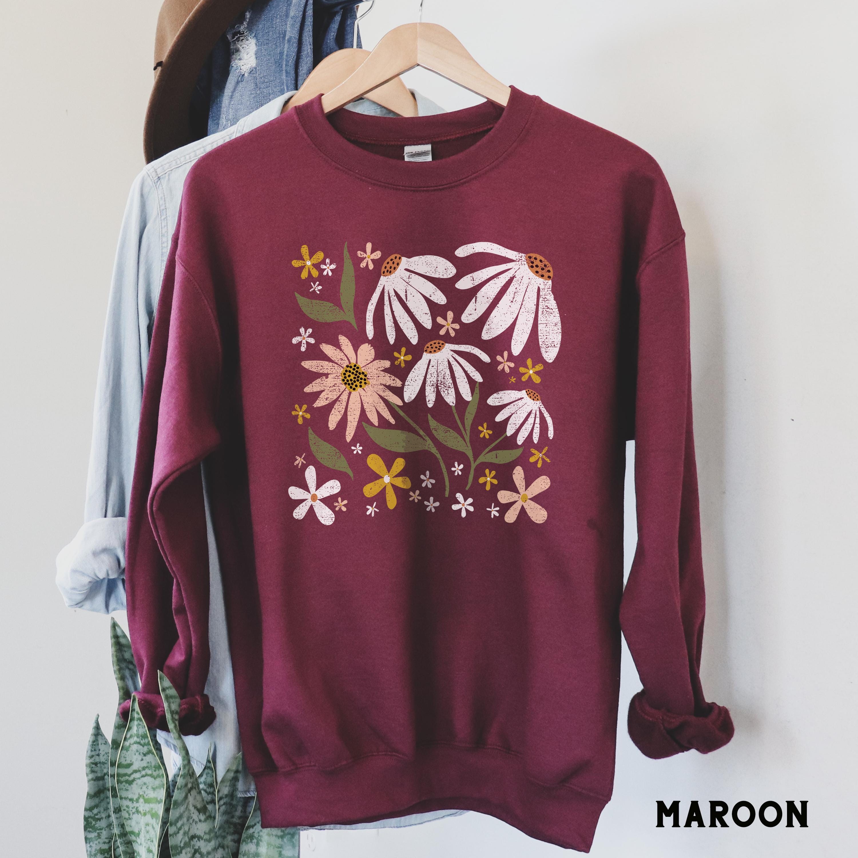 Sweat-shirt Femme Motif Fleurs Sauvages - Manches Longues - Coupe Décontractée - Tissu Doux - Multiple Coloris - Style Ligne Botanique