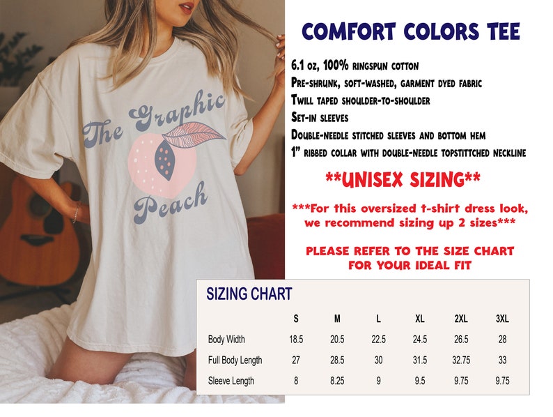 K&ouml;nnte beinhalten: Ein wei&szlig;es T-Shirt mit einem Pfirsich-Motiv und dem Text "The Graphic Peach". Das Shirt besteht aus 6,1 oz, 100% Ringspinn-Baumwolle und hat eine Unisex-Gr&ouml;&szlig;entabelle mit Ma&szlig;en in Zoll.
