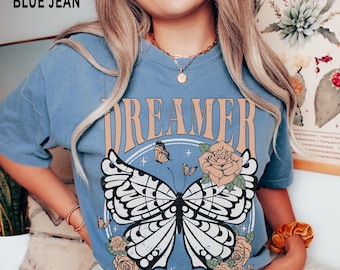 Retro Butterfly Shirt, Comfort Colors®, Dreamer Inspirational TShirt, Positive Vibes Tee, Boho Tops, Butterfly Lover Gifts