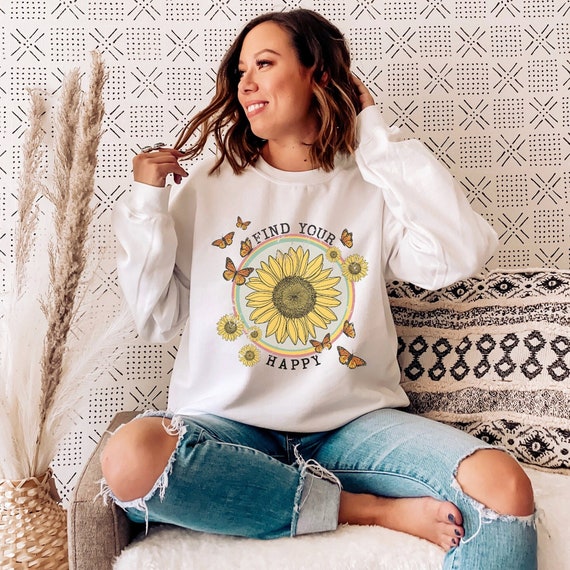 Happy Sweatshirt, Find Your Happy Sweatshirt, Vintage, Retro Sweatshirt, Sunflower Sweatshirt, Butterfly Sweatshirt,  Boho Sweatshirt