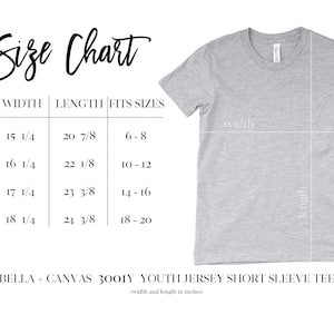 Peut inclure: Tableau des tailles pour un t-shirt &agrave; manches courtes en jersey pour jeunes, Bella + Canvas 3001Y. Le tableau indique les tailles YS, YM, YL, YXL avec les mesures de largeur et de longueur correspondantes en pouces.