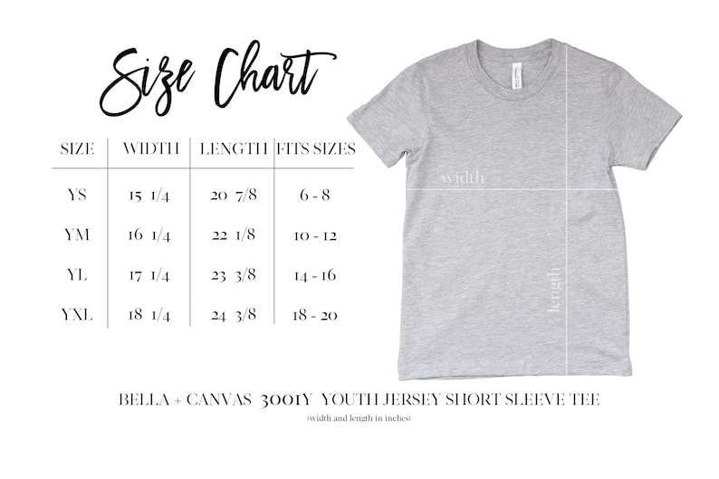 Peut inclure: Tableau des tailles pour un t-shirt &agrave; manches courtes en jersey pour jeunes, Bella + Canvas 3001Y. Le tableau indique les tailles YS, YM, YL, YXL avec les mesures de largeur et de longueur correspondantes en pouces.