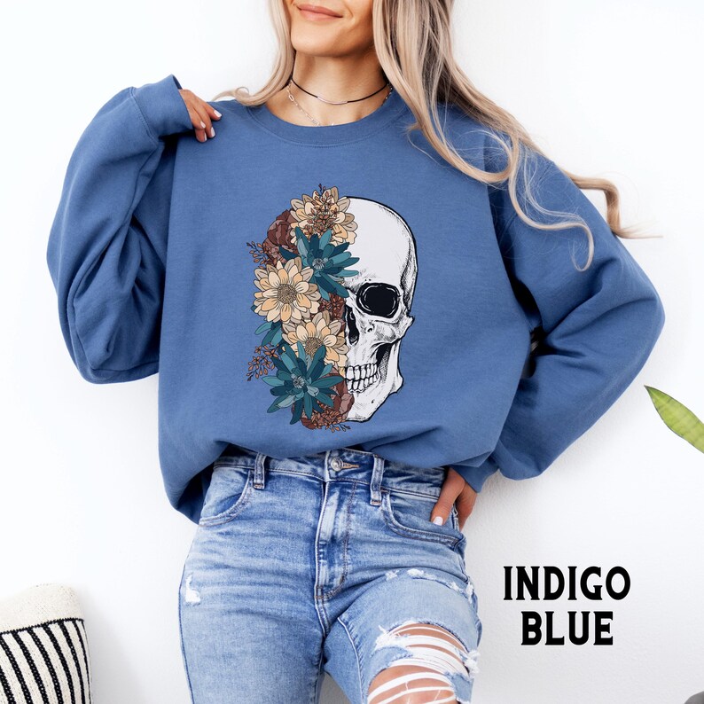 Bloom Skull Sweatshirt, Halloween sweatshirt, Floral Skull Boho, Womens Fall Sweater, Flower Skull Skeleton Crewneck, Skeleton Blooms Indigo Blue