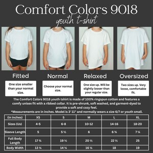 May include: White Comfort Colors 9018 youth t-shirts in fitted, normal, relaxed, and oversized styles. The image includes a size chart with measurements in inches for XS to XL sizes. The shirts are made of 100% ringspun cotton.
