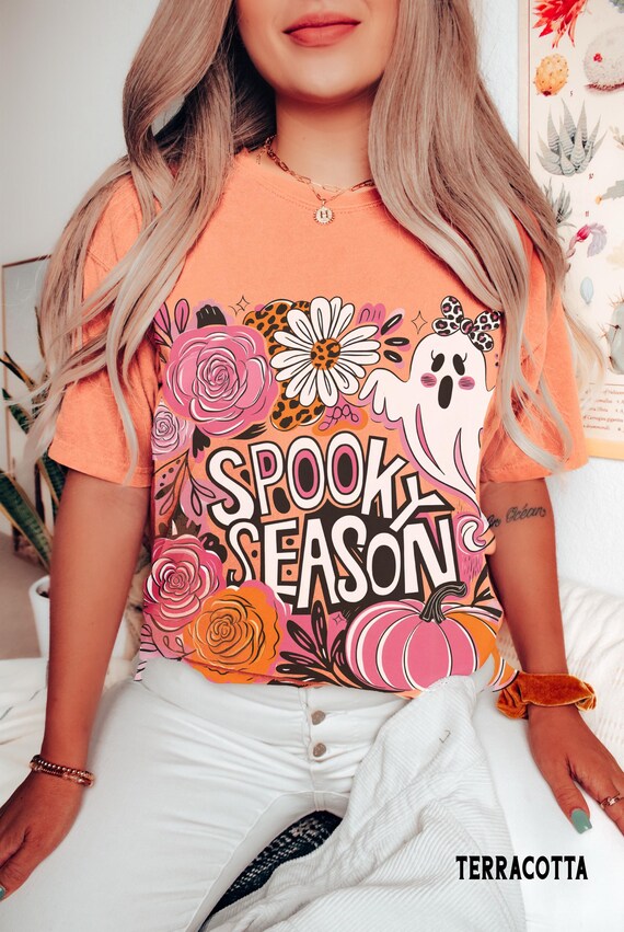 Spooky Season Shirt, Comfort Colors® Coquette Ghost Pumpkin Floral Halloween Tee, Oversized Fall Shirts for Women Girls, Gift for Her