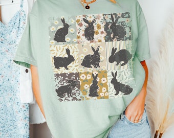Chemise lapin bohème, Comfort Colors®, chemises de Pâques assorties, t-shirt lapin de ferme fleuri rétro, cottagecore, cadeau pour amoureux des lapins