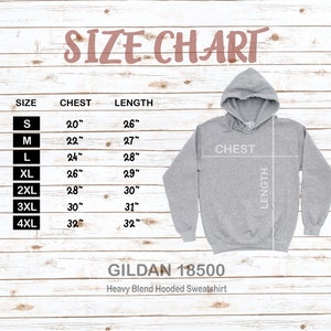K&ouml;nnte beinhalten: Gr&ouml;&szlig;entabelle f&uuml;r ein Gildan 18500 Heavy Blend Kapuzen-Sweatshirt. Die Tabelle zeigt die Gr&ouml;&szlig;en von S bis 4XL mit den entsprechenden Brust- und L&auml;ngenma&szlig;en in Zoll.