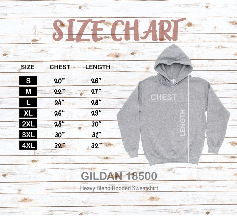 K&ouml;nnte beinhalten: Gr&ouml;&szlig;entabelle f&uuml;r ein Gildan 18500 Heavy Blend Kapuzen-Sweatshirt. Die Tabelle zeigt die Gr&ouml;&szlig;en von S bis 4XL mit den entsprechenden Brust- und L&auml;ngenma&szlig;en in Zoll.