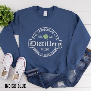 St Patrick's Day Sweatshirt or Hoodie, Irish Leprechaun Distillery Unisex Sweater Gifts for Him or Her Indigo Blue