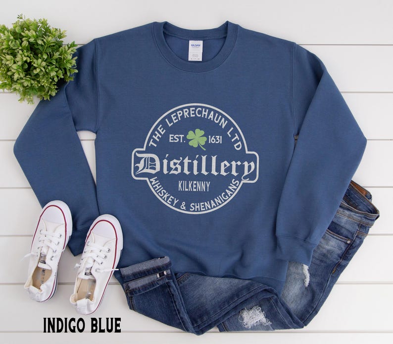 St Patrick's Day Sweatshirt or Hoodie, Irish Leprechaun Distillery Unisex Sweater Gifts for Him or Her Indigo Blue